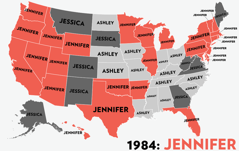 Illustration for article titled Map: Six Decades of the Most Popular Names for Girls, State-by-State
